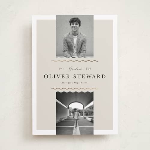 This is a cement graduation announcements with foil pressed by Vivian Yiwing called divided printing on recycled smooth signature in standard