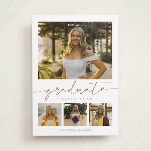This is a snow graduation announcements with foil pressed by Sarah Curry called graduation gallery printing on recycled smooth signature in standard
