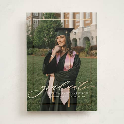 This is a ivory graduation announcements with foil pressed by Yaling Hou Suzuki called break boundaries printing on recycled smooth signature in standard