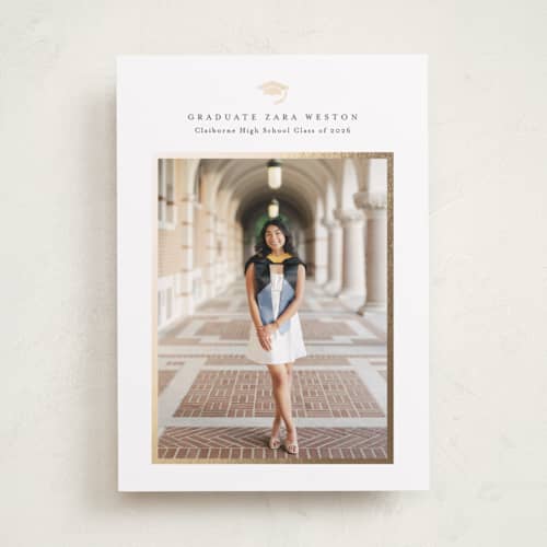 This is a cotton graduation announcements with foil pressed by Stacey Meacham called elegant frame printing on recycled smooth signature in standard