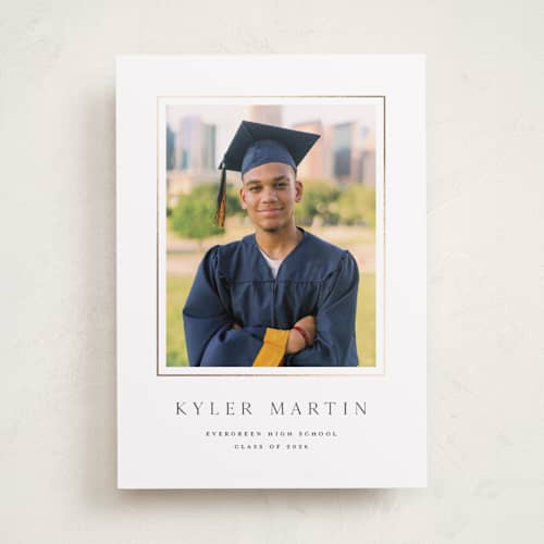 This is a snow graduation announcements with foil pressed by Sarah Curry called serif printing on recycled smooth signature in standard