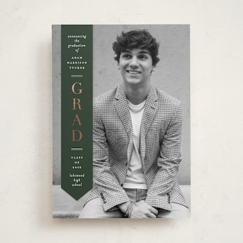 This is a pine graduation announcements with foil pressed by Lauren Chism called classic sash printing on recycled smooth signature in standard