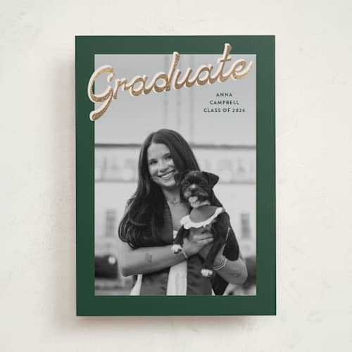 This is a forest graduation announcements with foil pressed by Ekko Studio called nostalgia printing on recycled smooth signature in standard