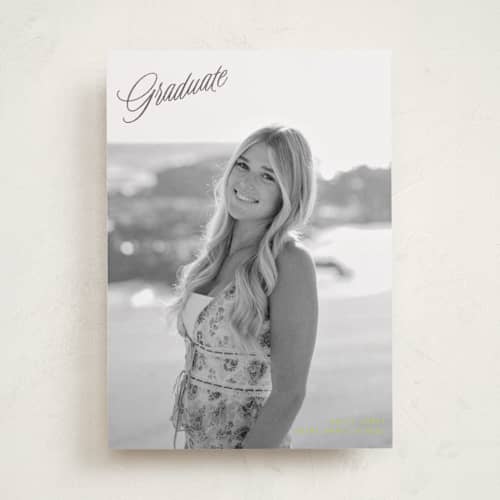 This is a lime graduation announcements with foil pressed by JoAnn Jinks called grad vintage printing on recycled smooth signature in standard