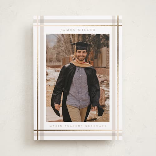 This is a tan graduation announcements with foil pressed by Ashley Presutti Beasley called traditional plaid printing on recycled smooth signature in standard
