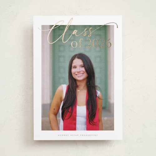 This is a cloud graduation announcements with foil pressed by Jackie Crawford called scripted graduation year printing on recycled smooth signature in standard