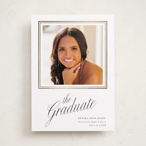This is a cotton graduation announcements with foil pressed by Shirley Lin Schneider called elegant chic printing on recycled smooth signature in standard