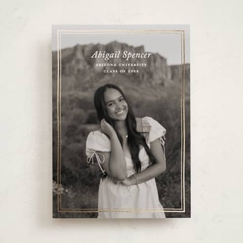 This is a cream graduation announcements with foil pressed by Ellen Schlegelmilch called abigail printing on recycled smooth signature in standard