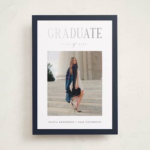 This is a navy graduation announcements with foil pressed by Christy Hy Lee called classic layout printing on recycled smooth signature in standard