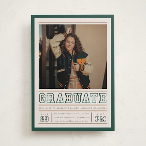 This is a vintage graduation invitations with standard by Erin L. Wilson called varsity frame printing on recycled smooth signature in standard