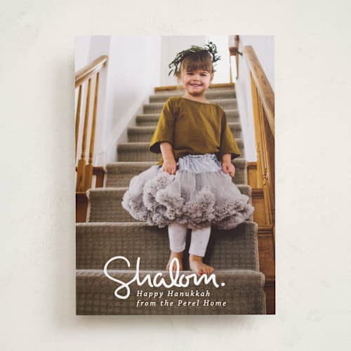 This is a snow hanukkah cards with standard by Akweley Creative called simply shalom printing on recycled smooth signature in standard