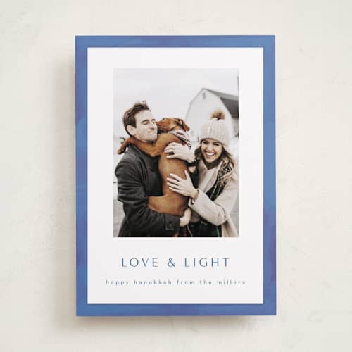 This is a dusty navy hanukkah cards with standard by AK Graphics called painted shalom printing on recycled smooth signature in standard
