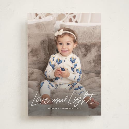 This is a ivory hanukkah cards with standard by Kristen Magee called scripty merry christmas printing on recycled smooth signature in standard