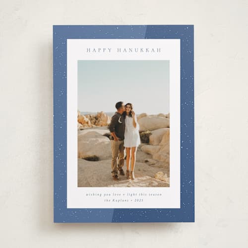 This is a celestial hanukkah cards with standard by Emily Sabol Goss called textured printing on recycled smooth signature in standard