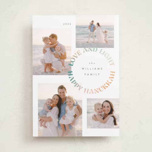 This is a linen hanukkah cards with standard by Robert and Stella called mod light printing on recycled smooth signature in standard