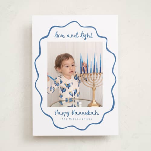 This is a cerulean hanukkah cards with standard by Tamara Hilje called happy border printing on recycled smooth signature in standard