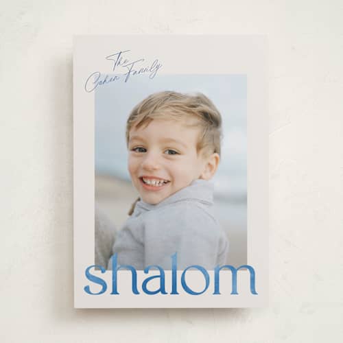 This is a sky hanukkah cards with standard by Vera Lim called watercolor shalom printing on recycled smooth signature in standard
