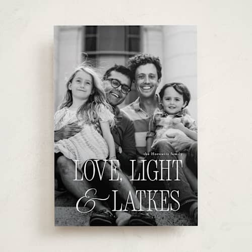 This is a starlight hanukkah cards with standard by Benita Crandall called love, light, latkes printing on recycled smooth signature in standard