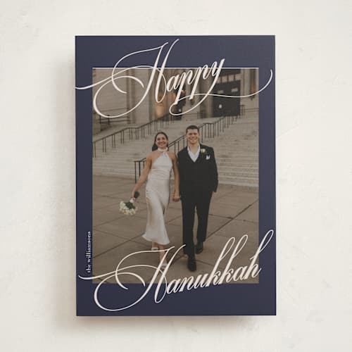 This is a navy hanukkah cards with standard by Beth Vassalo called flowing light printing on recycled smooth signature in standard