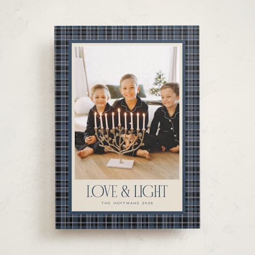 This is a navy hanukkah cards with standard by Jenna Holcomb called cozy in plaid printing on recycled smooth signature in standard