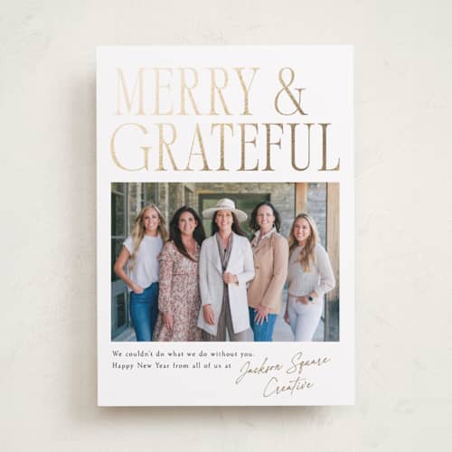 This is a snow business holiday cards with foil pressed by Robert and Stella called merry & grateful printing on recycled smooth signature in standard