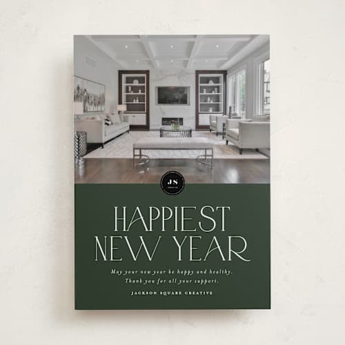 This is a wreath business holiday cards with standard by Stephanie Hawkes called happiest holidays printing on recycled smooth signature in standard