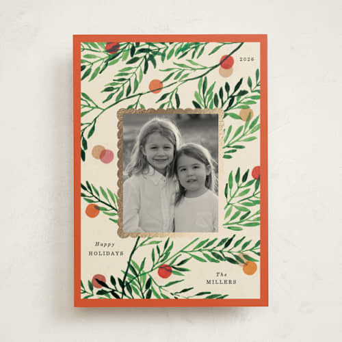 This is a persimmon foil pressed holiday cards with foil pressed by Sumak Studio called frames, dots, leaves printing on recycled smooth signature in standard