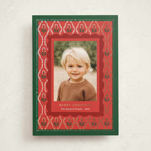 This is a cardinal foil pressed holiday cards with foil pressed by Oma N. Ramkhelawan called holiday cottage frame printing on recycled smooth signature in standard