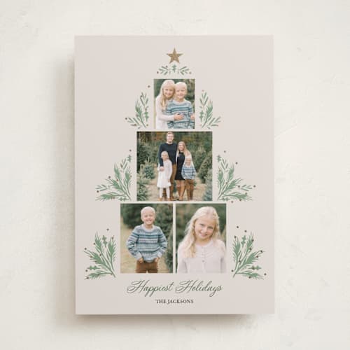 This is a champagne foil pressed holiday cards with foil pressed by Lindsay Megahed called shining tree printing on recycled smooth signature in standard