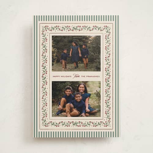 This is a juniper foil pressed holiday cards with foil pressed by Jenna Holcomb called festive vine printing on recycled smooth signature in standard