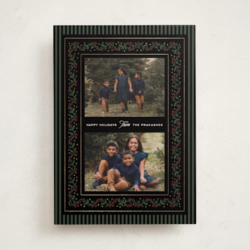 This is a coal foil pressed holiday cards with foil pressed by Jenna Holcomb called festive vine printing on recycled smooth signature in standard