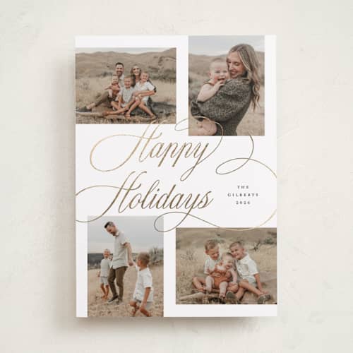 This is a marshmallow foil pressed holiday cards with foil pressed by Michelle Taylor called super script printing on recycled smooth signature in standard