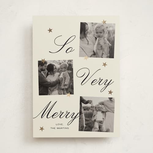This is a champagne foil pressed holiday cards with foil pressed by Ani Somi called merry stars printing on recycled smooth signature in standard