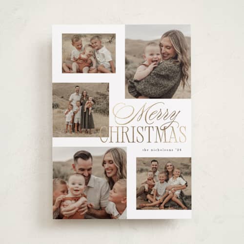 This is a snow foil pressed holiday cards with foil pressed by Kelly Schmidt called merry five printing on recycled smooth signature in standard