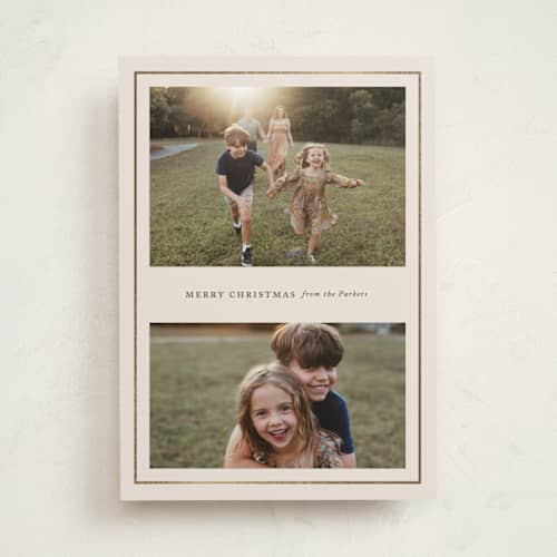 This is a eggnog foil pressed holiday cards with foil pressed by Brianne Larsen called simple border printing on recycled smooth signature in standard