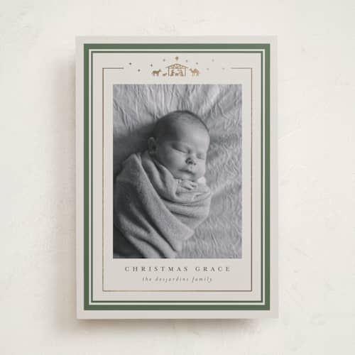 This is a eggnog foil pressed holiday cards with foil pressed by Diana Pinnell called starlit nativity printing on recycled smooth signature in standard