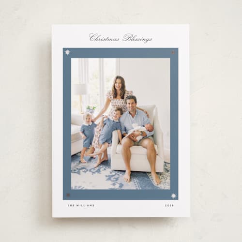 This is a slate blue foil pressed holiday cards with foil pressed by Stacey Meacham called dainty corners printing on recycled smooth signature in standard