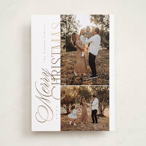 This is a tinsel foil pressed holiday cards with foil pressed by Kelly Schmidt called sideways merry printing on recycled smooth signature in standard