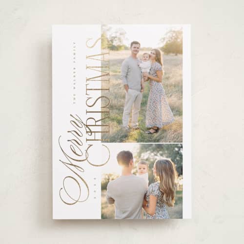 This is a tinsel foil pressed holiday cards with foil pressed by Kelly Schmidt called sideways merry printing on recycled smooth signature in standard