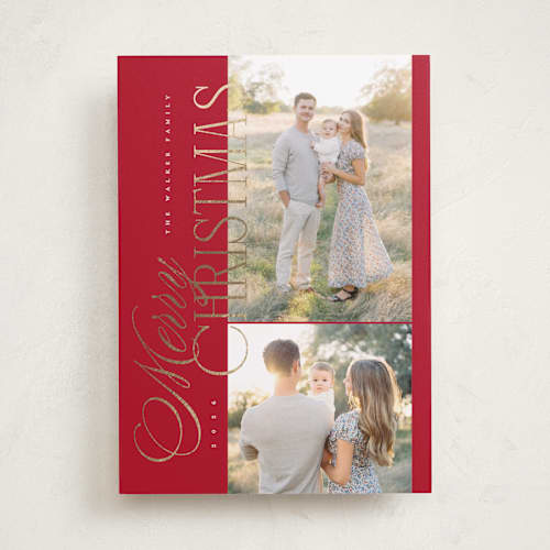 This is a poinsettia foil pressed holiday cards with foil pressed by Kelly Schmidt called sideways merry printing on recycled smooth signature in standard