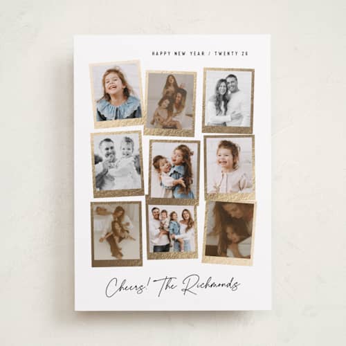 This is a snow foil pressed holiday cards with foil pressed by Hooray Creative called nine snapshots printing on recycled smooth signature in standard