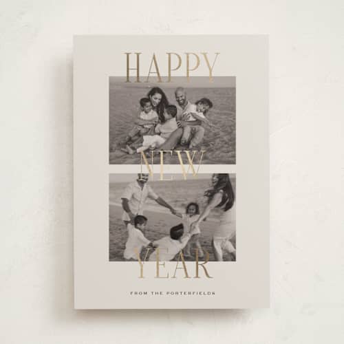 This is a cream foil pressed holiday cards with foil pressed by Sara Hicks Malone called hampton printing on recycled smooth signature in standard