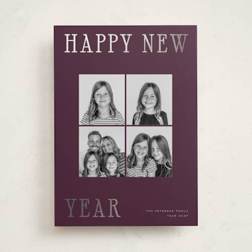 This is a mulberry foil pressed holiday cards with foil pressed by Blustery August called new year grid printing on recycled smooth signature in standard