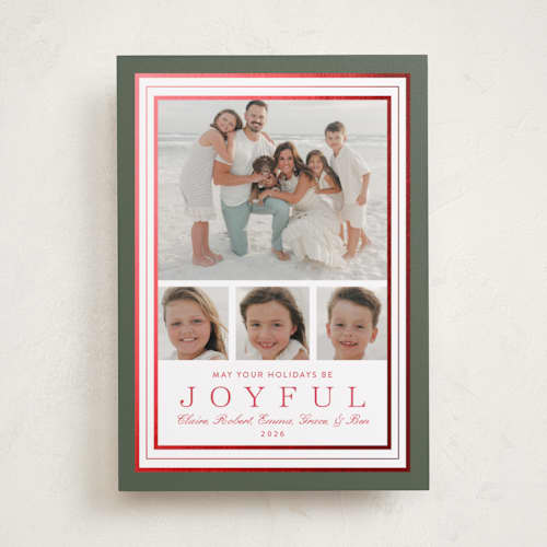 This is a fir foil pressed holiday cards with foil pressed by Alston Foster called favorite joys printing on recycled smooth signature in standard