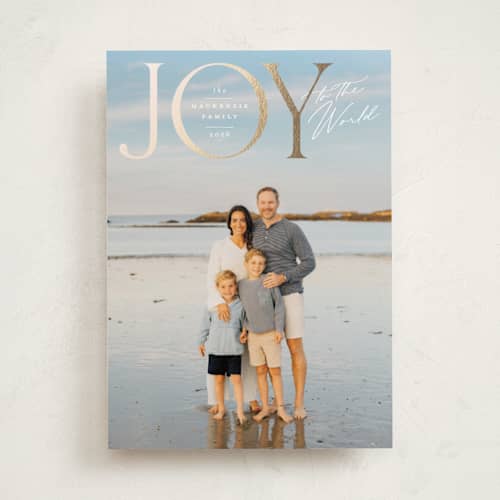 This is a mist foil pressed holiday cards with foil pressed by Wildfield Paper Co called joy to all the world printing on recycled smooth signature in standard
