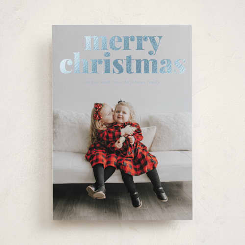 This is a wintermint foil pressed holiday cards with foil pressed by Carolinne Cruz called merry & matching printing on recycled smooth signature in standard