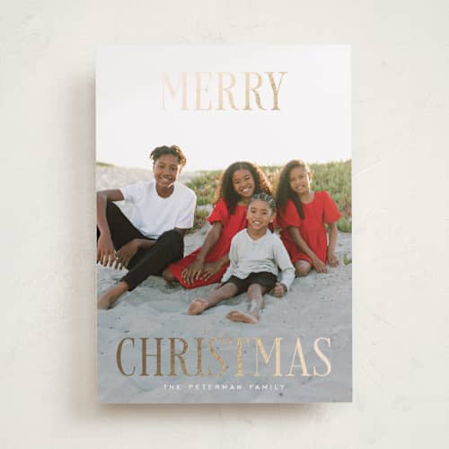 This is a snow foil pressed holiday cards with foil pressed by Rebecca Durflinger called christmas printing on recycled smooth signature in standard