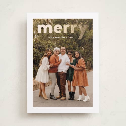 This is a snow foil pressed holiday cards with foil pressed by Shari Margolin called bold merry printing on recycled smooth signature in standard