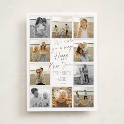 This is a snow foil pressed holiday cards with foil pressed by Robert and Stella called christmas candids printing on recycled smooth signature in standard