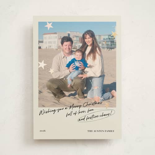 This is a buttercream foil pressed holiday cards with foil pressed by Helena Vitto called messy christmas printing on recycled smooth signature in standard